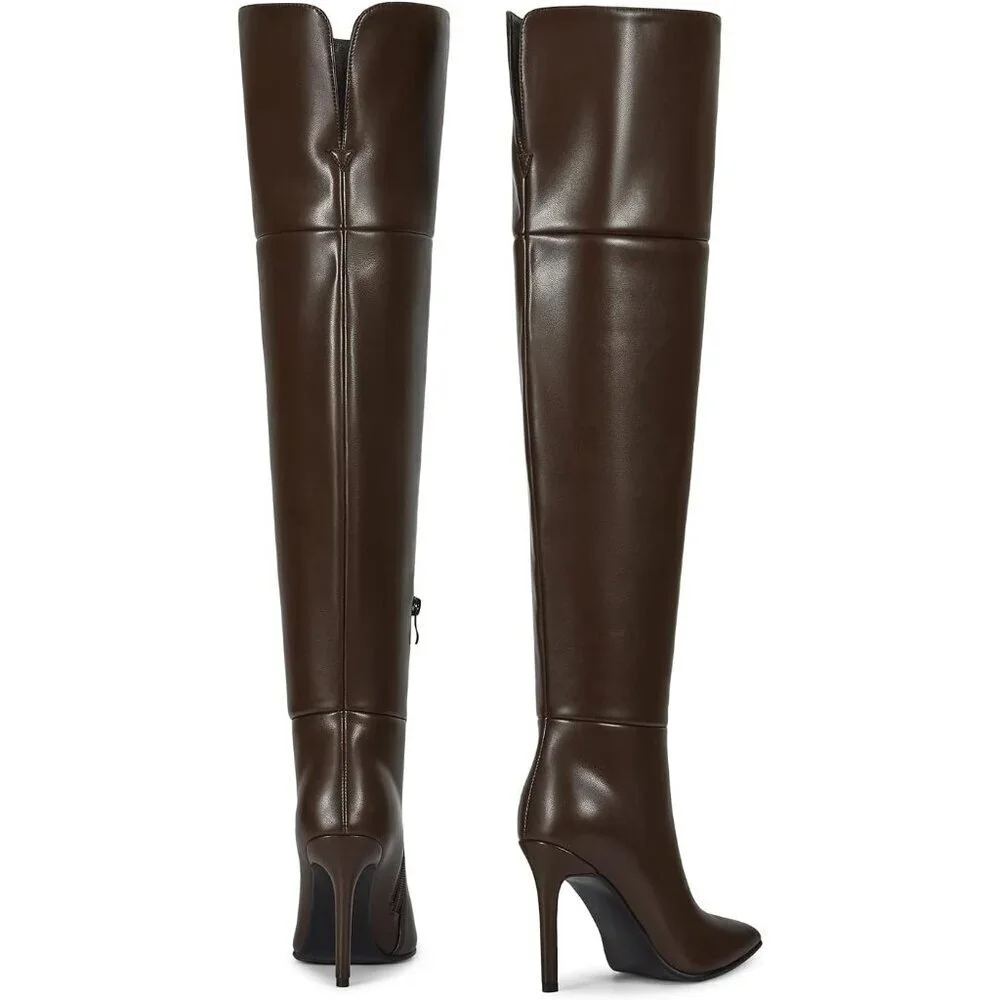 Women Chocolate Faux Leather Ponited Toe Zipper up Thigh High Stiletto Heel Boot